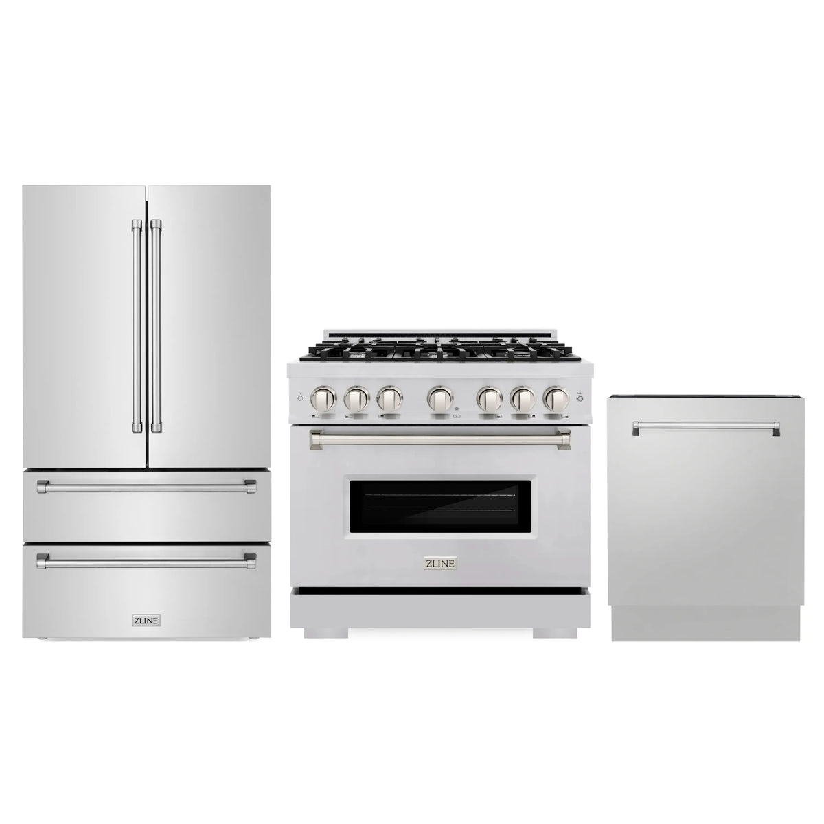 ZLINE 3-Piece Appliance Package - 36-Inch Gas Range, Refrigerator, and Dishwasher in Stainless Steel