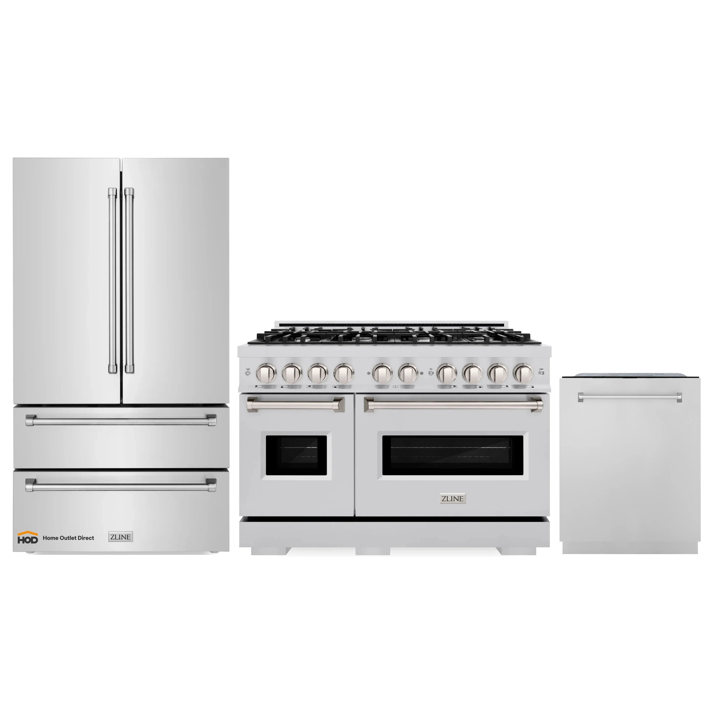 Stainless steel appliance set: gas range, refrigerator, and dishwasher