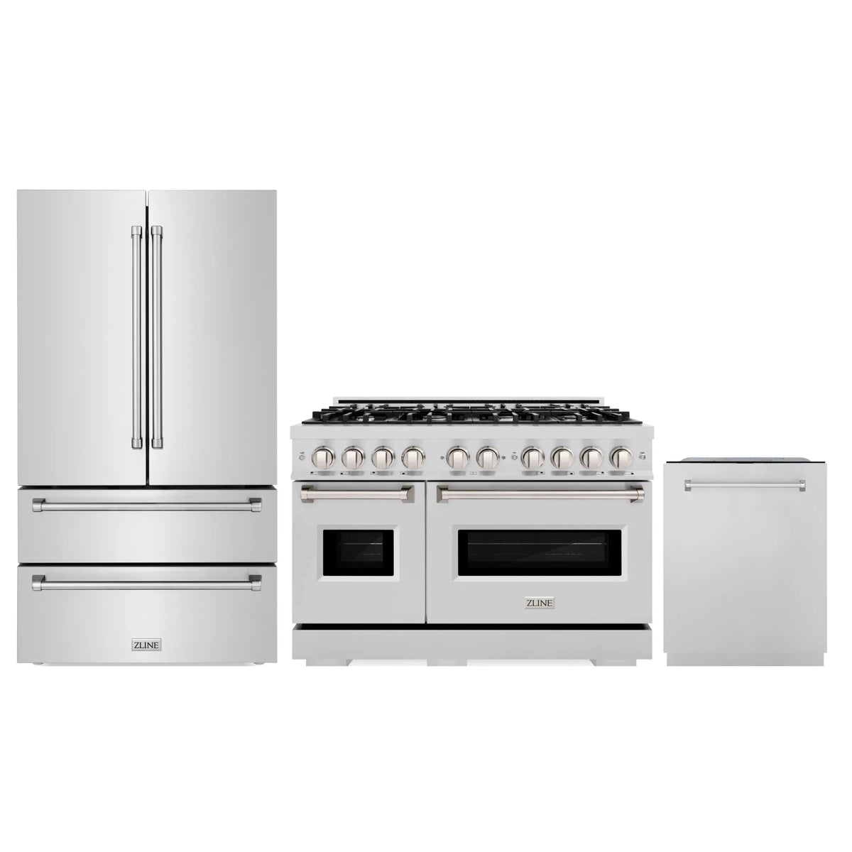 ZLINE 3-Piece Appliance Package - 48-Inch Gas Range, Refrigerator, and Dishwasher in Stainless Steel