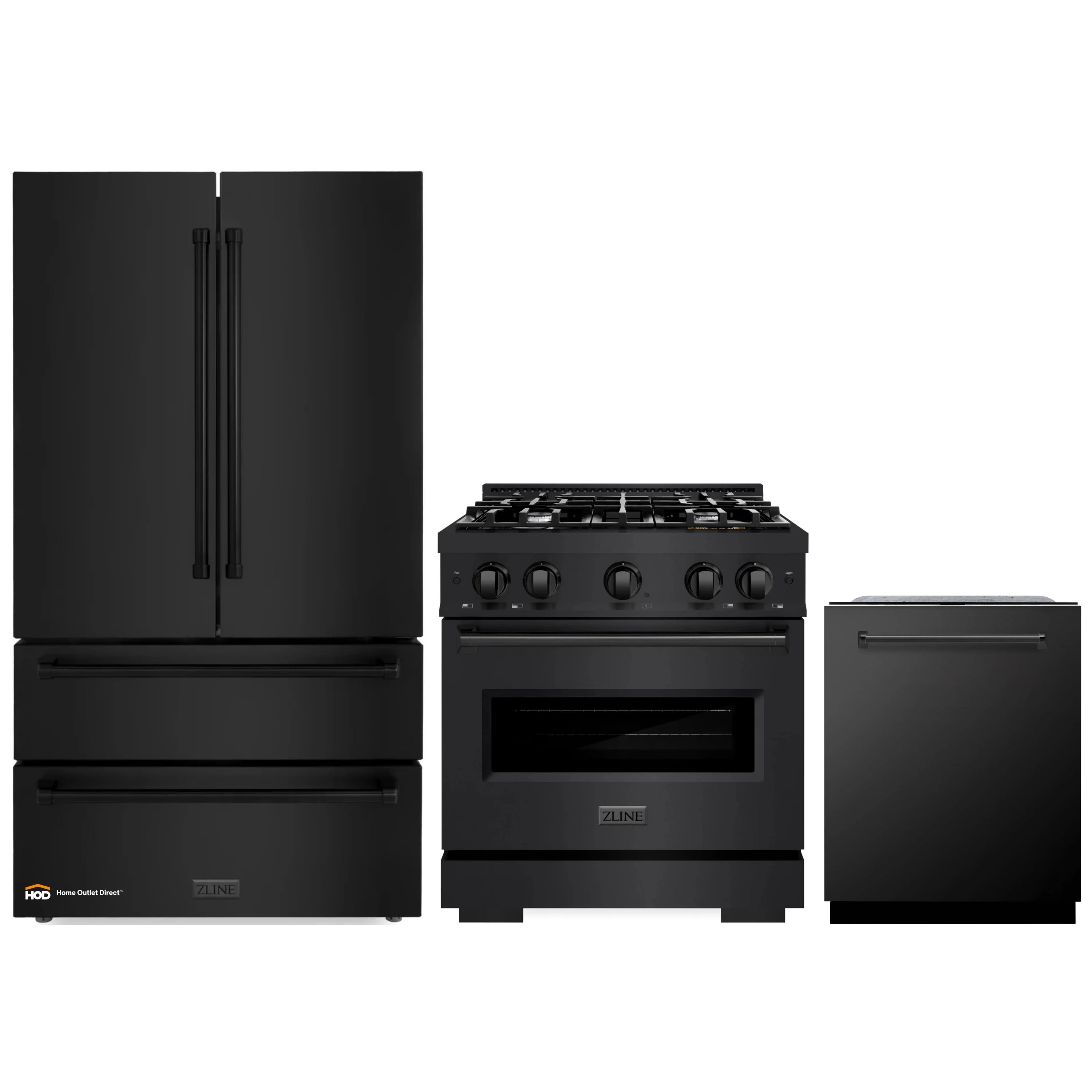 Three-piece black stainless appliance set: refrigerator, gas range, and dishwasher.