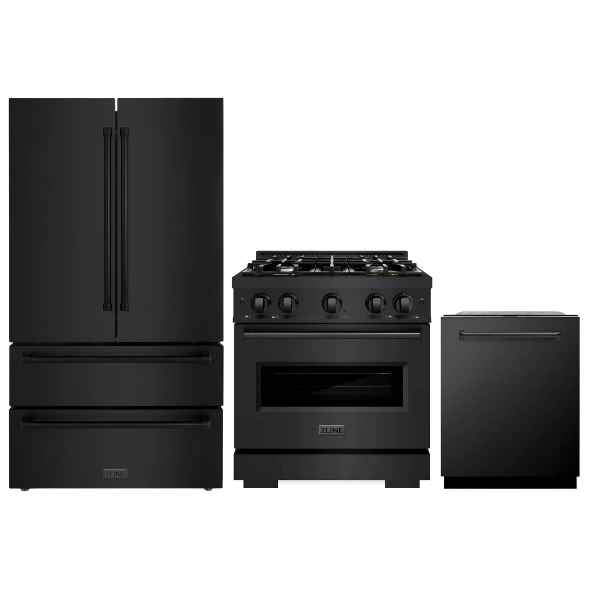 ZLINE 3-Piece Appliance Package - 30-Inch Gas Range, Refrigerator, and Dishwasher in Black Stainless Steel