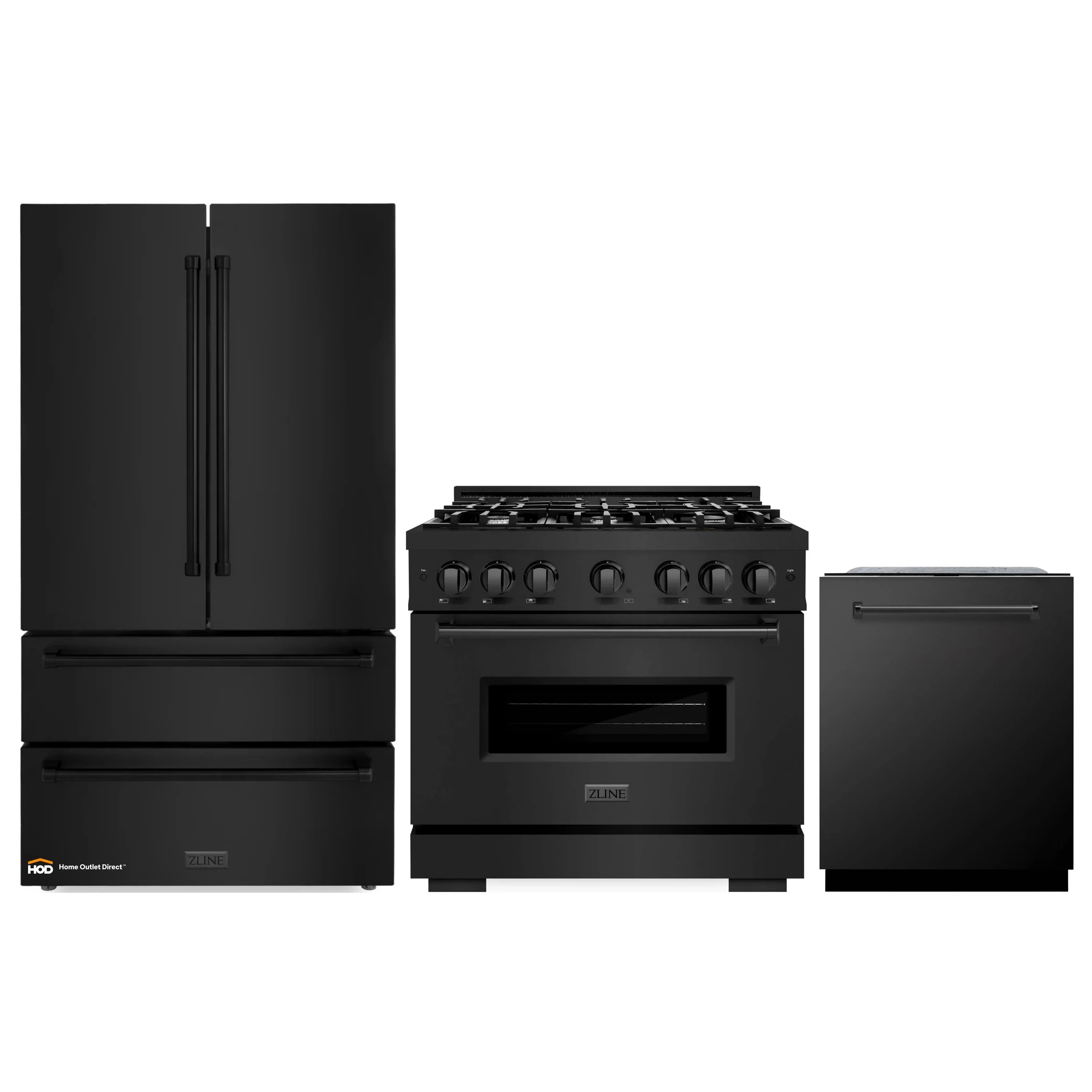 3-piece kitchen appliance set with black stainless fridge, gas range, and dishwasher