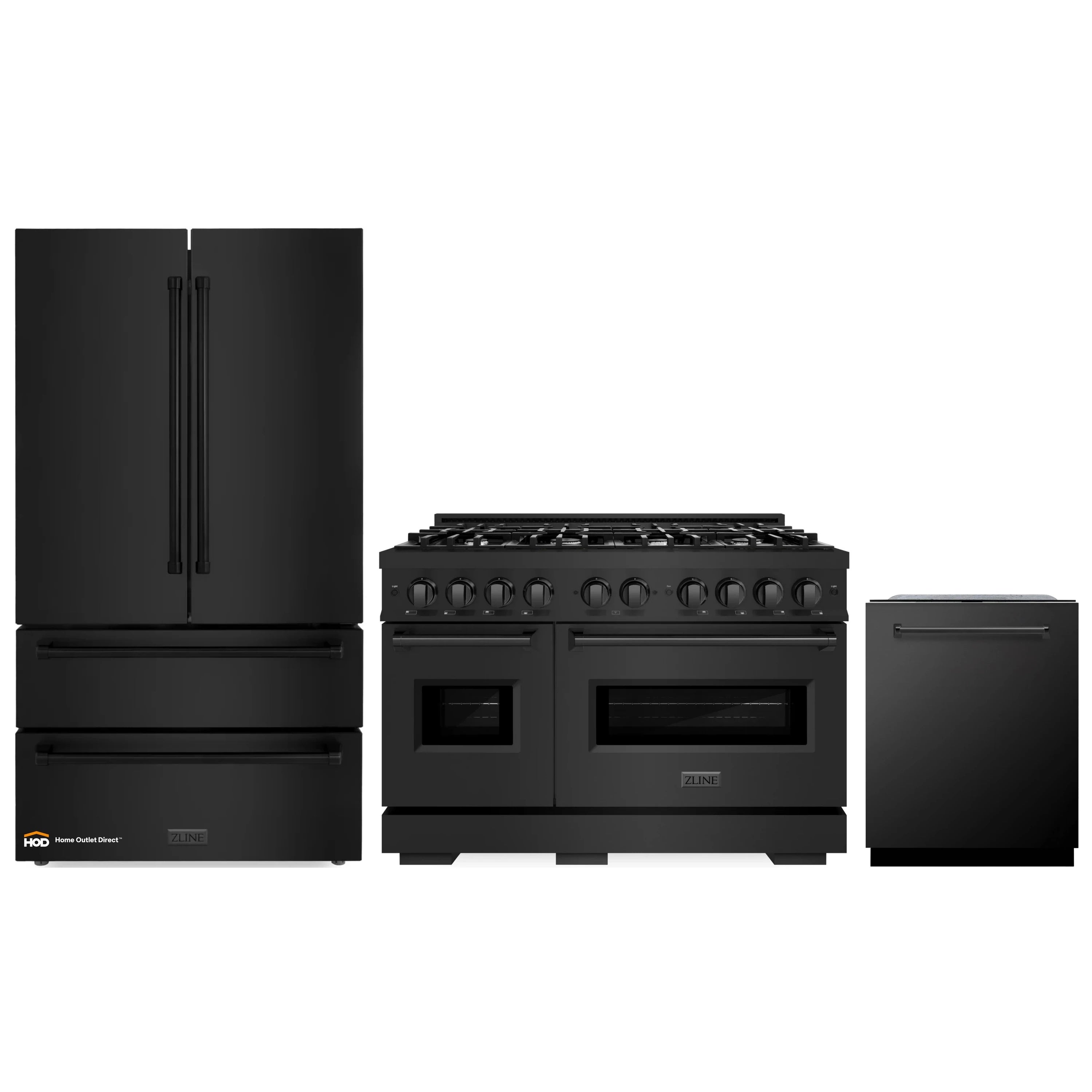 3-piece black stainless kitchen appliance set with refrigerator, gas range, and dishwasher