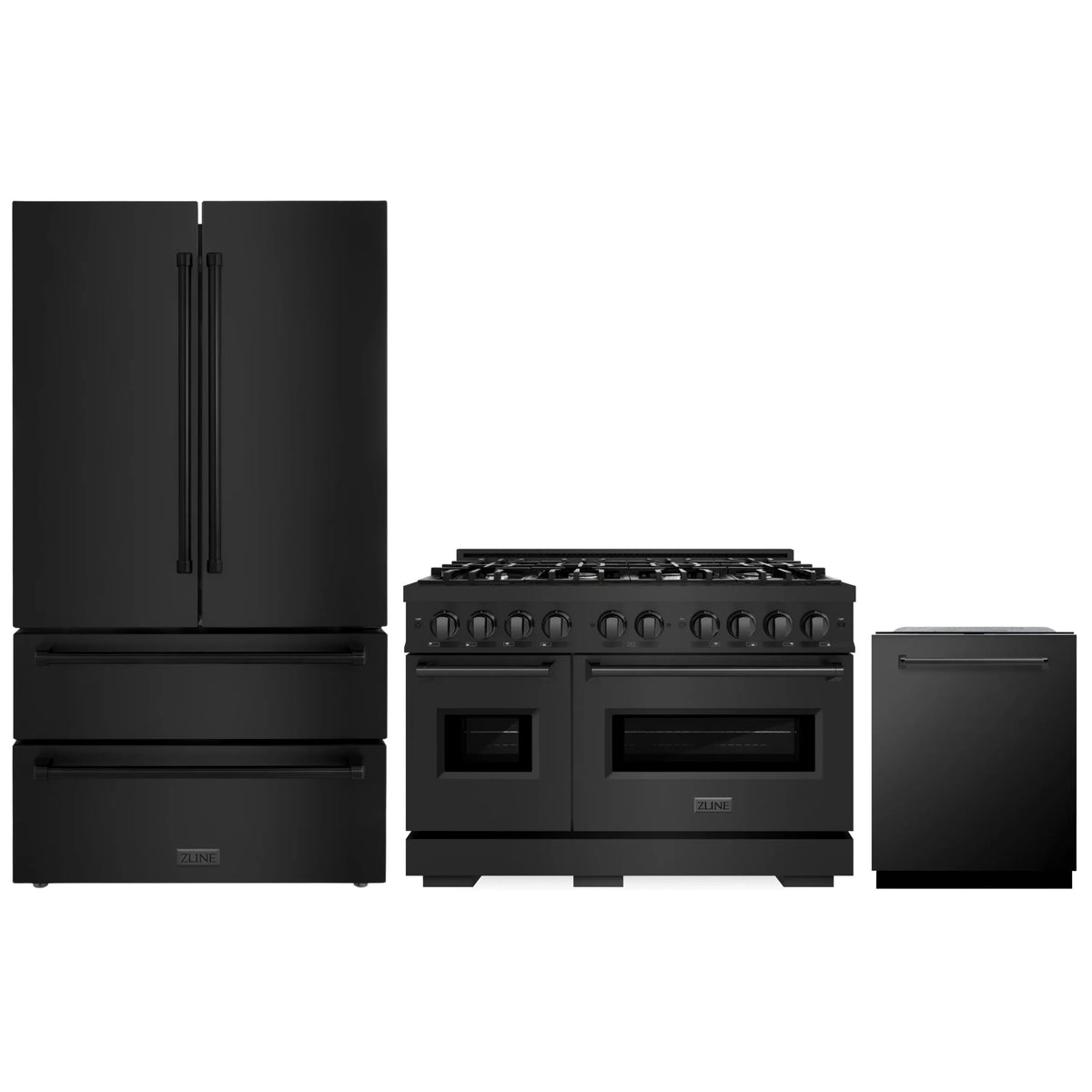 ZLINE 3-Piece Appliance Package - 48-Inch Gas Range, Refrigerator, and Dishwasher in Black Stainless Steel