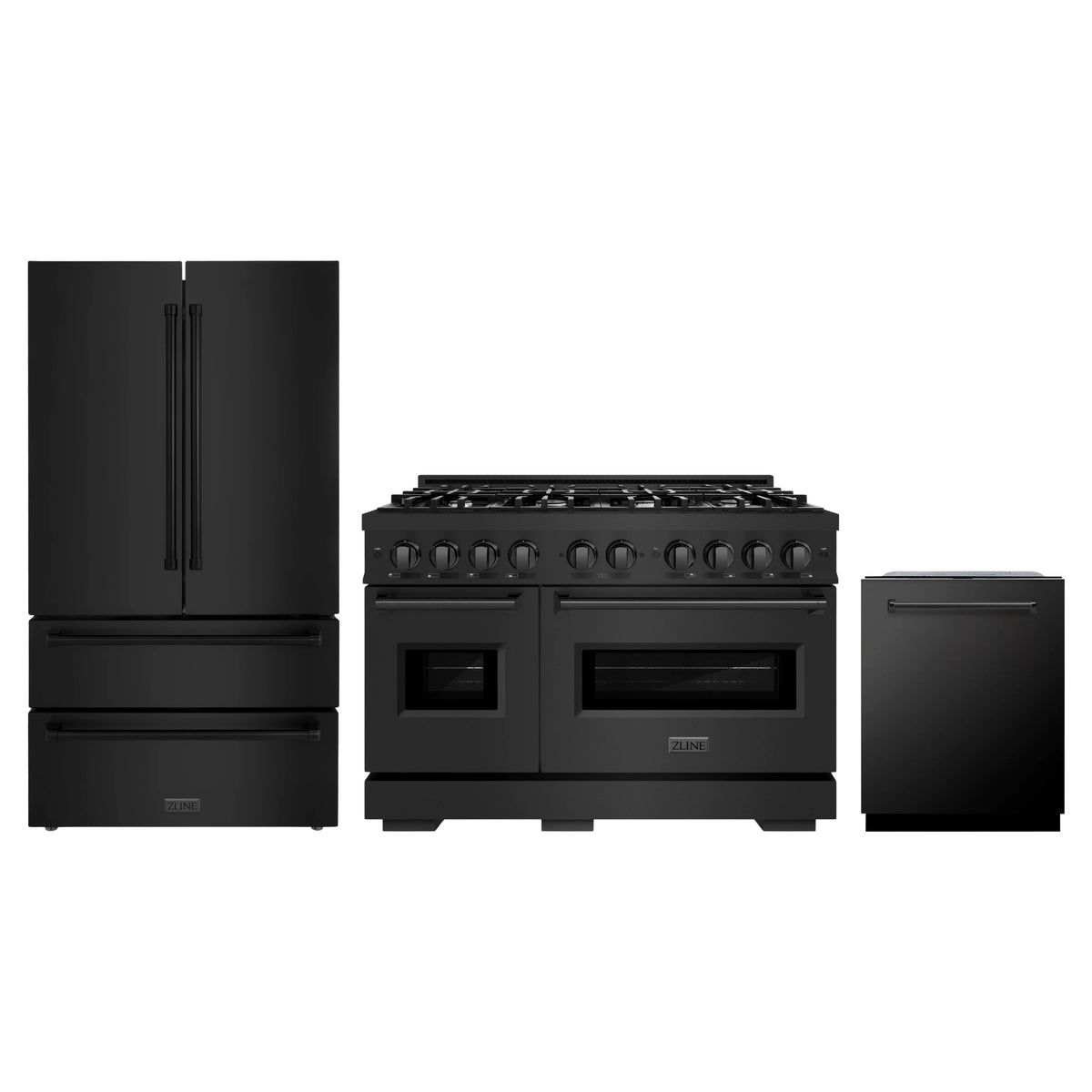 ZLINE 3-Piece Appliance Package - 48-Inch Gas Range, Refrigerator, and Dishwasher in Black Stainless Steel