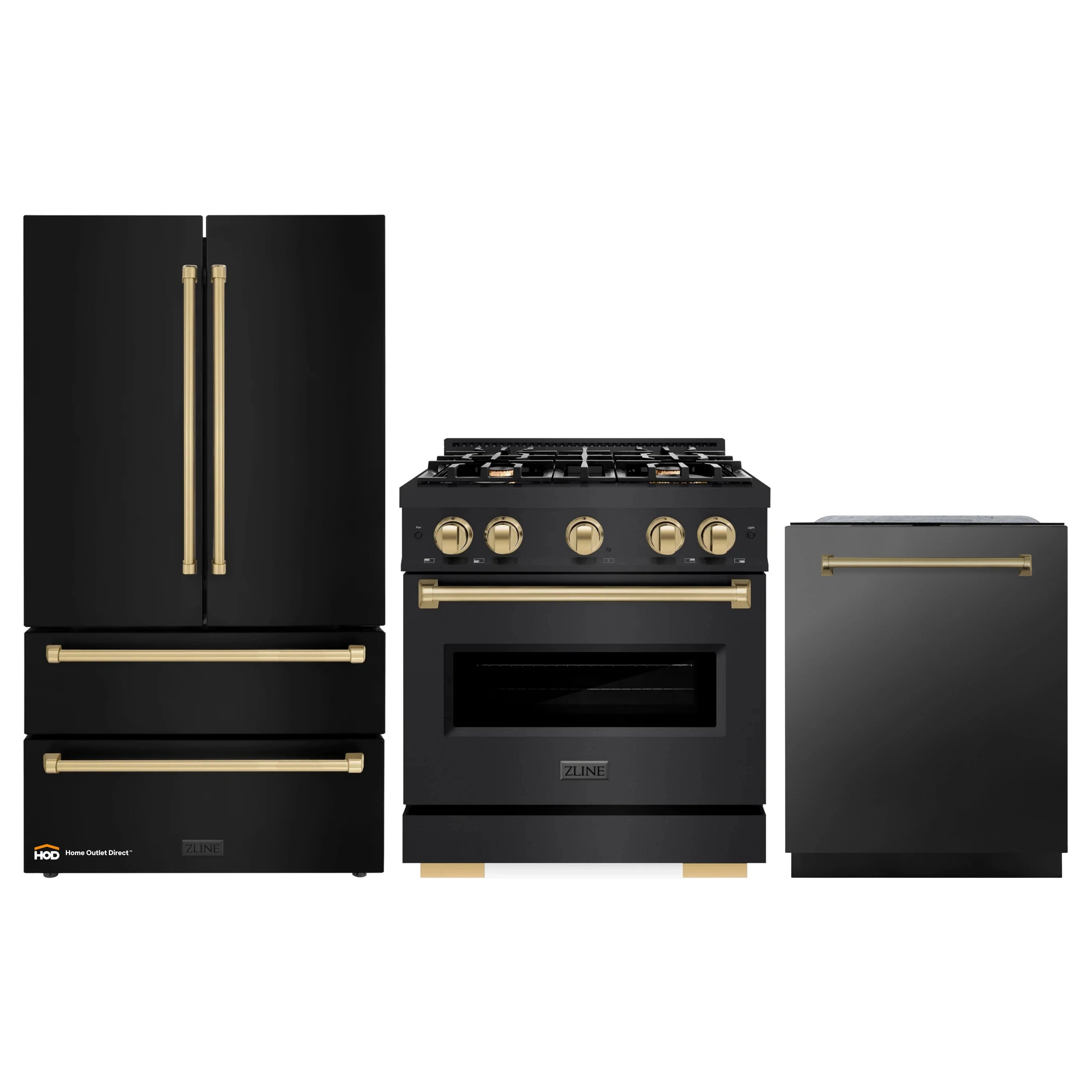 3-piece appliance package: black stainless range, refrigerator, dishwasher with bronze accents