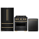 ZLINE 3-Piece Appliance Package - 30-Inch Gas Range, Refrigerator, and Dishwasher in Black Stainless Steel with Champagne Bronze Accents