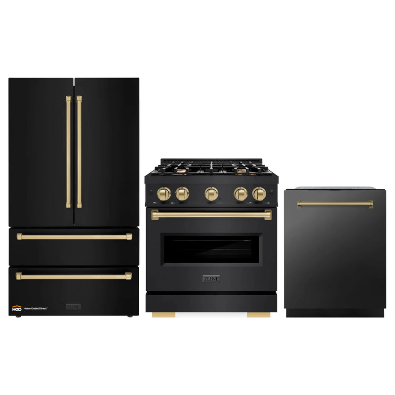 ZLINE 3-Piece Appliance Package - 30-Inch Gas Range, Refrigerator, and Dishwasher in Black Stainless Steel with Champagne Bronze Accents