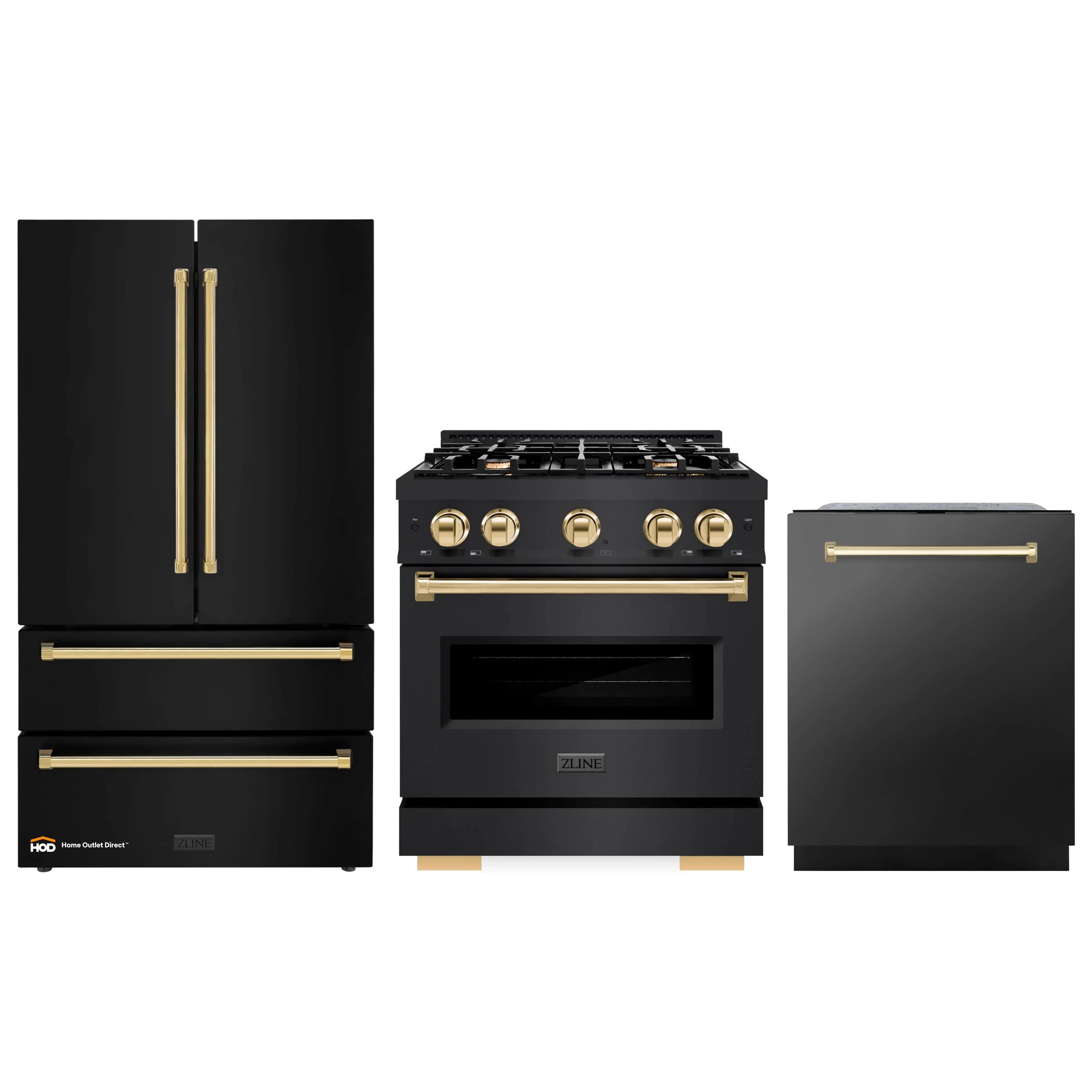 3-piece appliance package: black stainless gas range, refrigerator, and dishwasher
