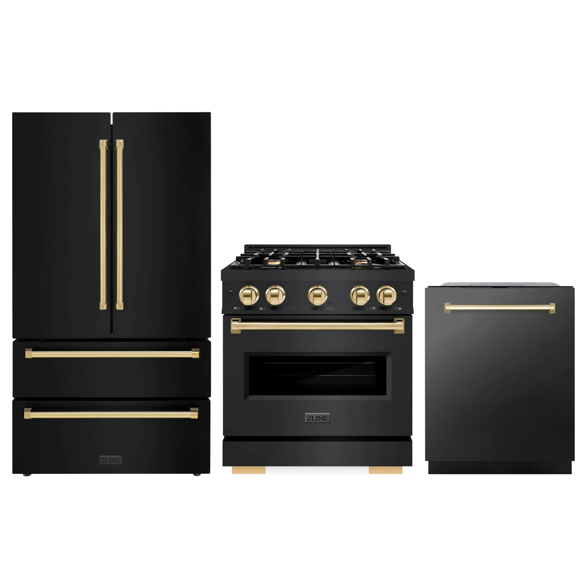 ZLINE 3-Piece Appliance Package - 30-Inch Gas Range, Refrigerator, and Dishwasher in Black Stainless Steel with Gold Accents