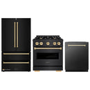ZLINE 3-Piece Appliance Package - 30-Inch Gas Range, Refrigerator, and Dishwasher in Black Stainless Steel with Gold Accents