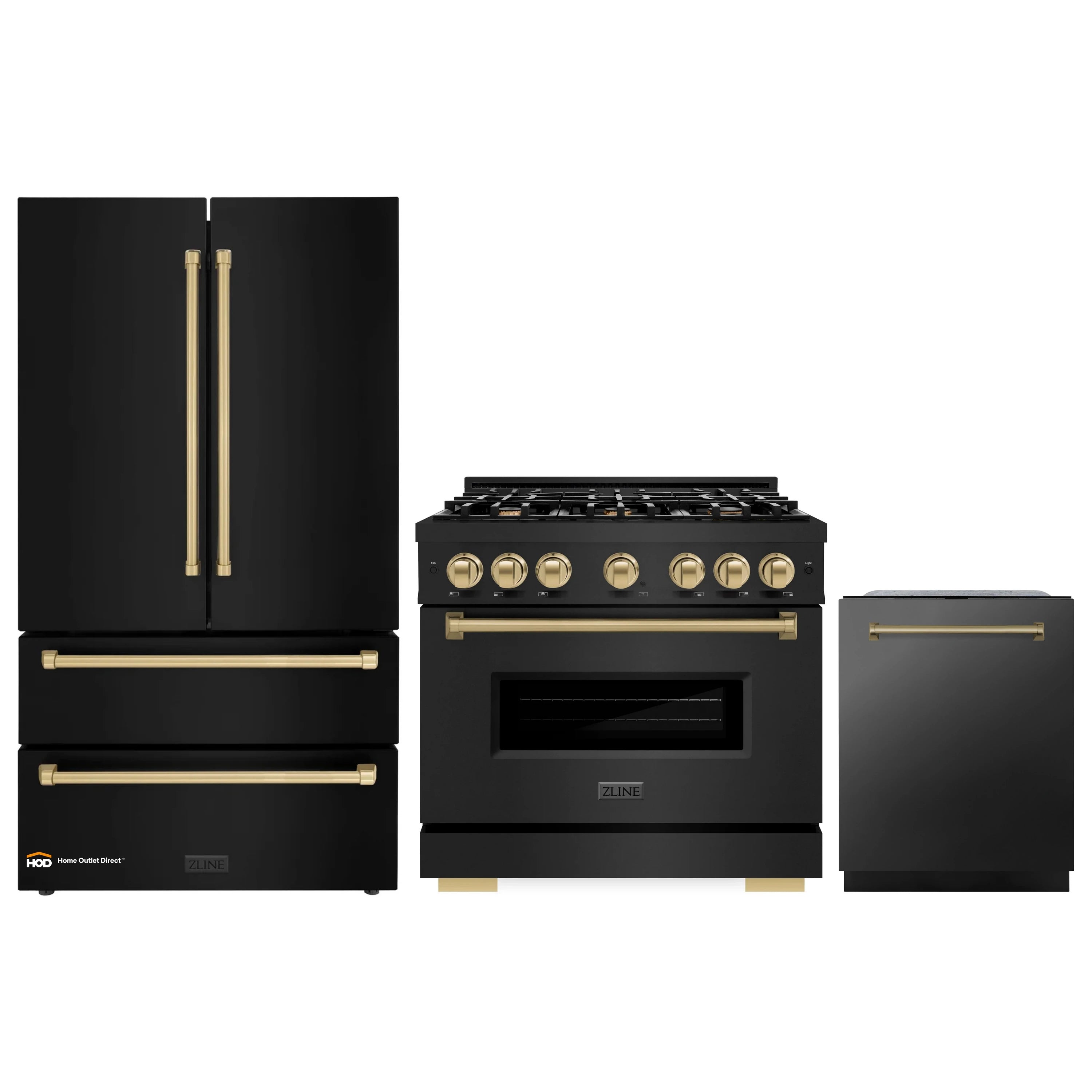 Appliance package: black stainless gas range, refrigerator, and dishwasher with bronze accents