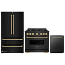 ZLINE 3-Piece Appliance Package - 36-Inch Gas Range, Refrigerator, and Dishwasher in Black Stainless Steel with Champagne Bronze Accents
