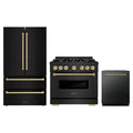 ZLINE 3-Piece Appliance Package - 36-Inch Gas Range, Refrigerator, and Dishwasher in Black Stainless Steel with Champagne Bronze Accents