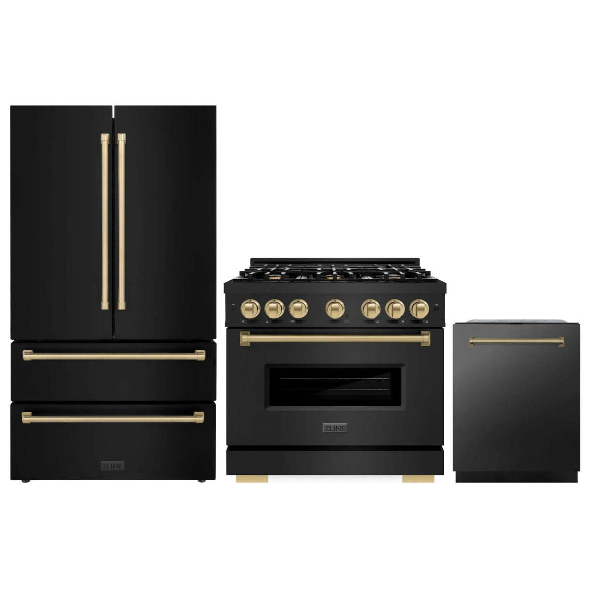 ZLINE 3-Piece Appliance Package - 36-Inch Gas Range, Refrigerator, and Dishwasher in Black Stainless Steel with Champagne Bronze Accents