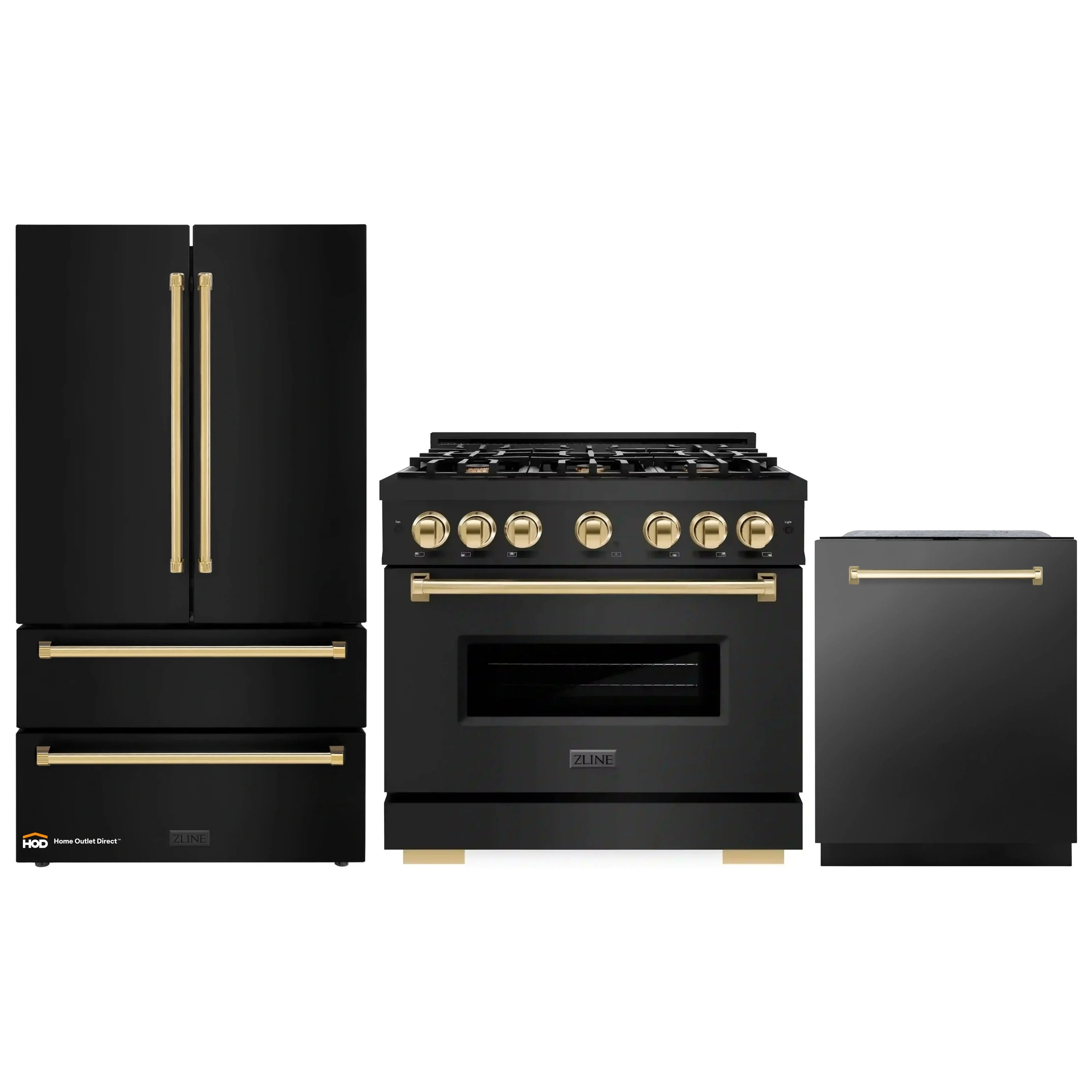 3-piece set: black stainless gas range, refrigerator, and dishwasher with gold accents