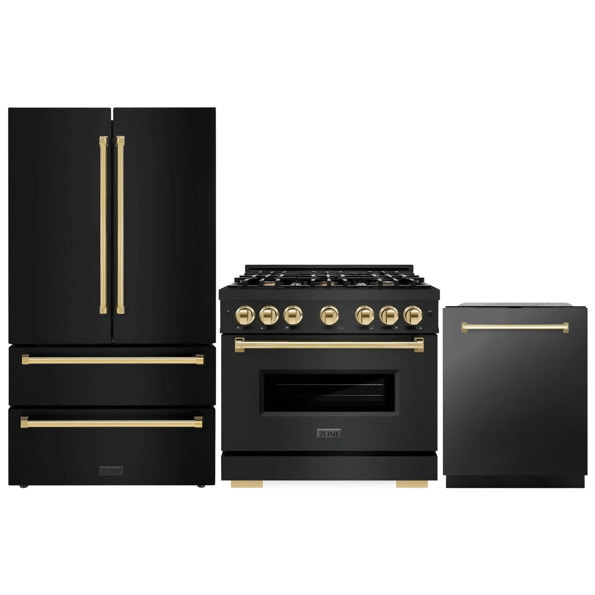 ZLINE 3-Piece Appliance Package - 36-Inch Gas Range, Refrigerator, and Dishwasher in Black Stainless Steel with Gold Accents