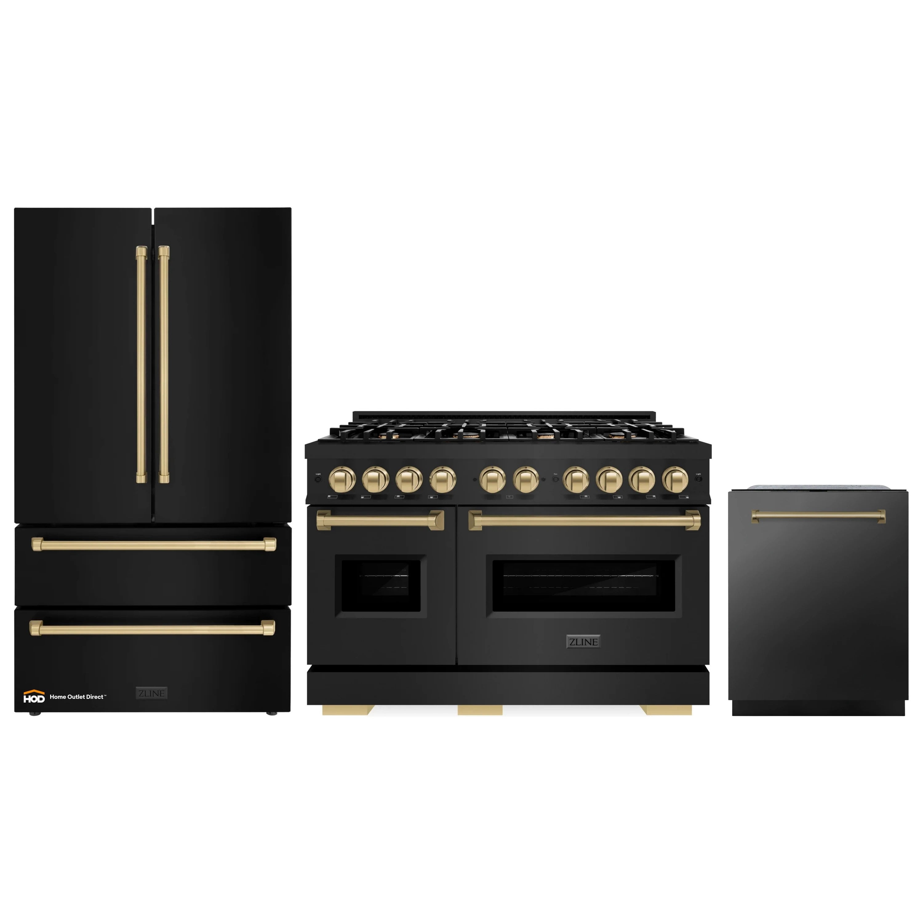 3-piece appliance set: black gas range, refrigerator, and dishwasher with gold accents