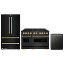 ZLINE 3-Piece Appliance Package - 48-Inch Gas Range, Refrigerator, and Dishwasher in Black Stainless Steel with Champagne Bronze Accents