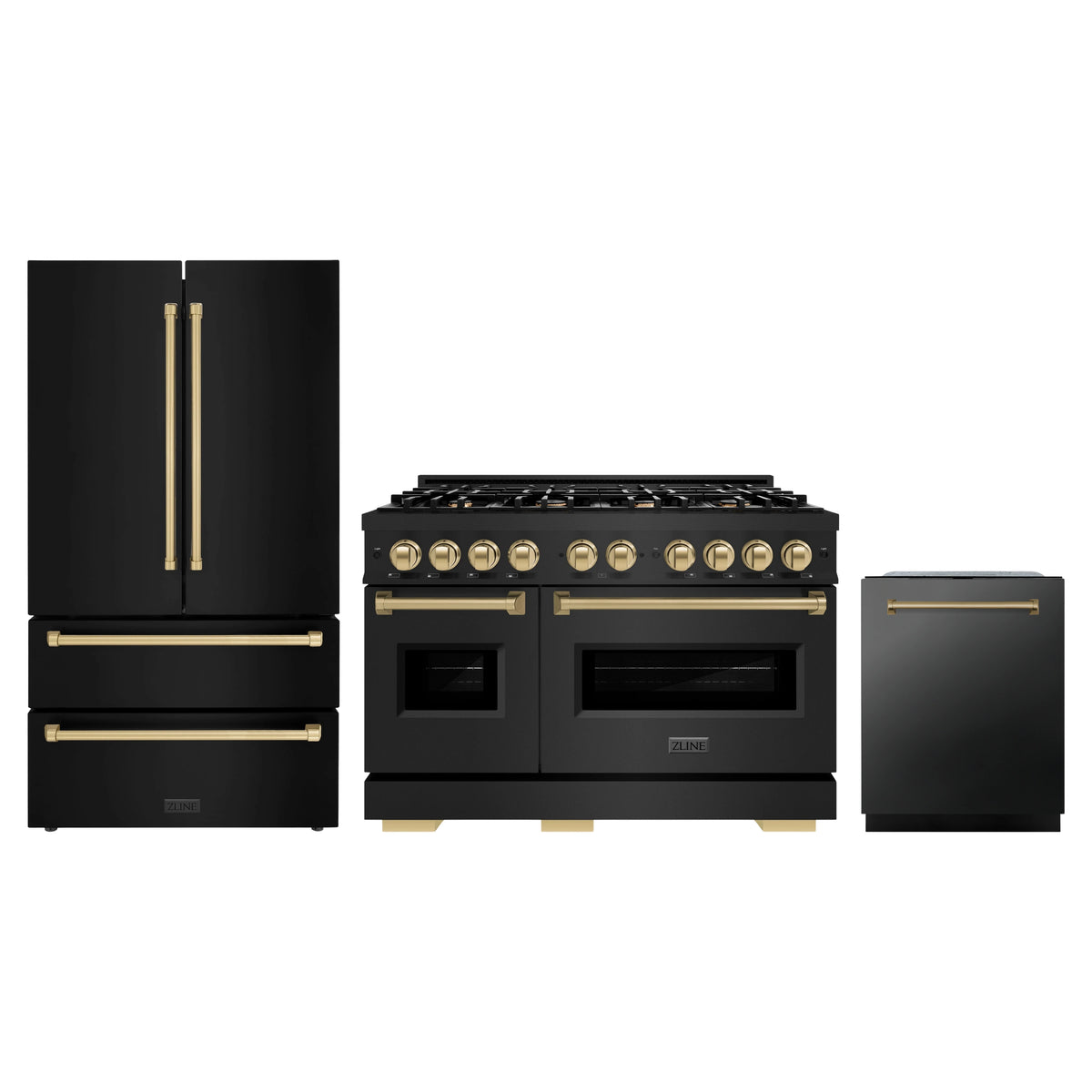 ZLINE 3-Piece Appliance Package - 48-Inch Gas Range, Refrigerator, and Dishwasher in Black Stainless Steel with Champagne Bronze Accents