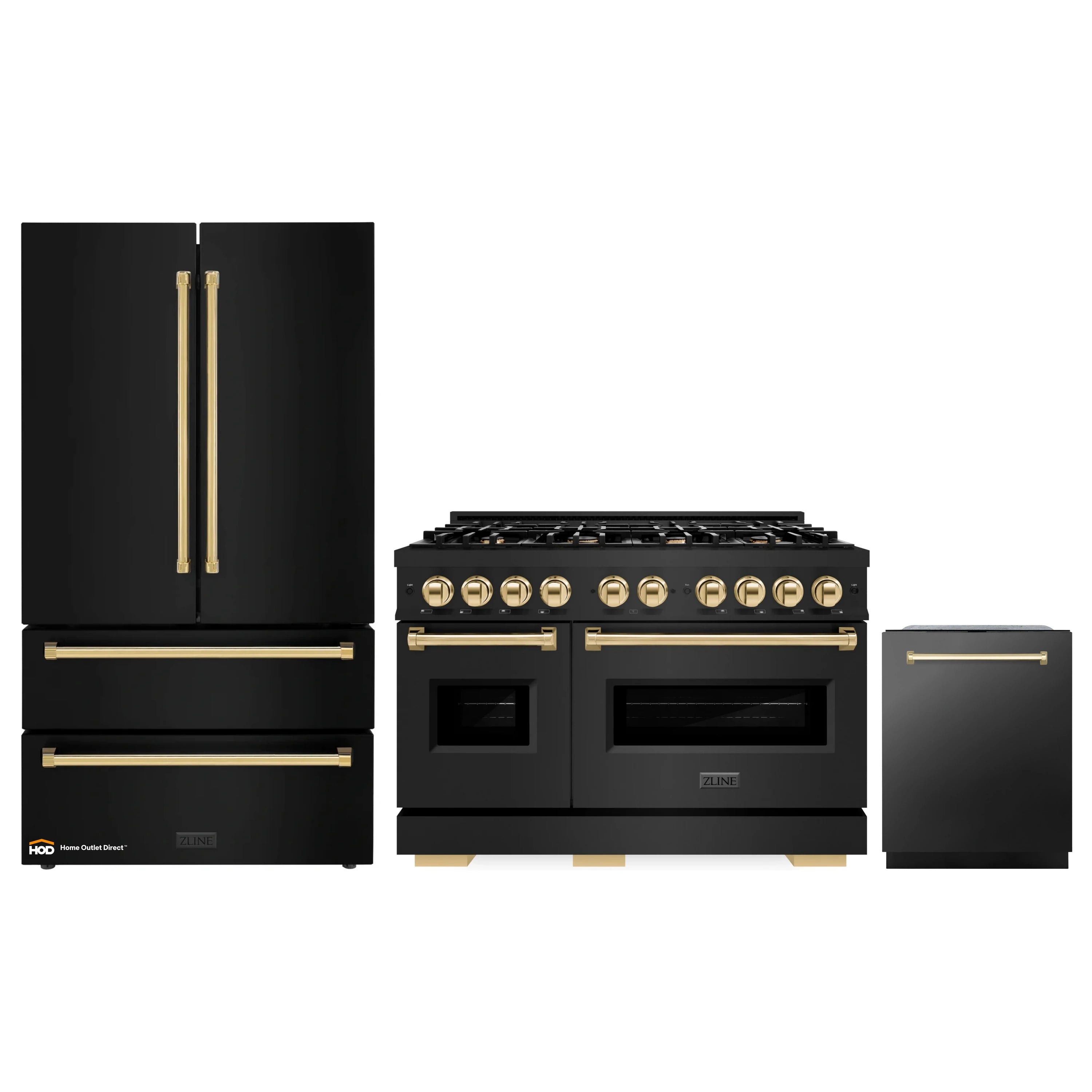 3-piece black stainless appliance package with gold accents: range, refrigerator, dishwasher
