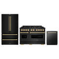 ZLINE 3-Piece Appliance Package - 48-Inch Gas Range, Refrigerator, and Dishwasher in Black Stainless Steel with Gold Accents
