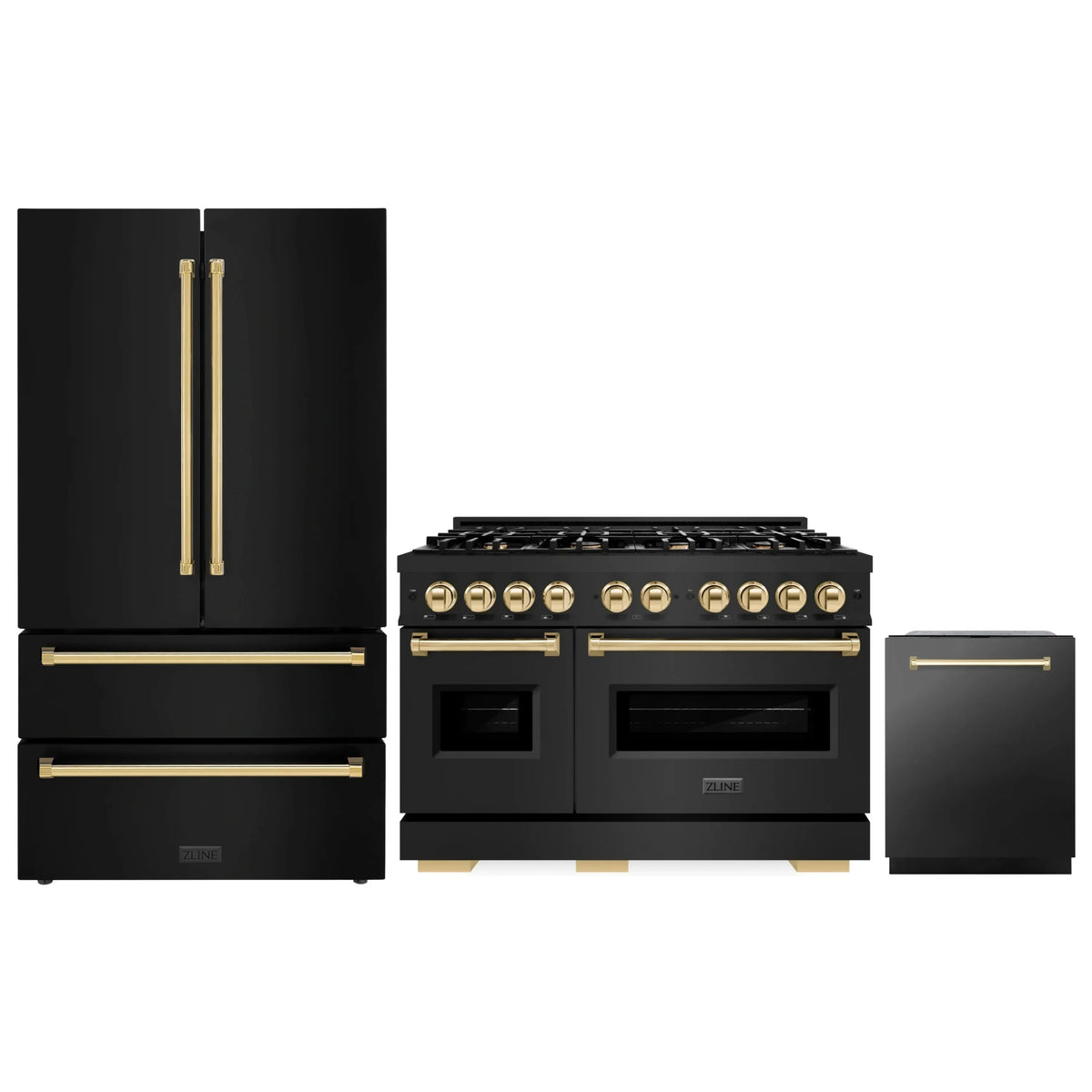 ZLINE 3-Piece Appliance Package - 48-Inch Gas Range, Refrigerator, and Dishwasher in Black Stainless Steel with Gold Accents