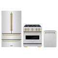 ZLINE 3-Piece Appliance Package - 30-Inch Gas Range, Refrigerator, and Dishwasher in Stainless Steel with Champagne Bronze Accents