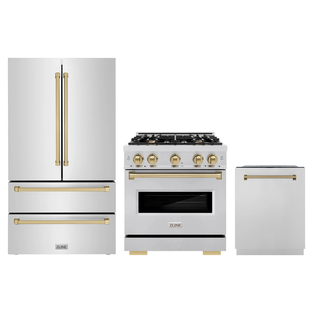 ZLINE 3-Piece Appliance Package - 30-Inch Gas Range, Refrigerator, and Dishwasher in Stainless Steel with Champagne Bronze Accents