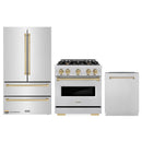 ZLINE 3-Piece Appliance Package - 30-Inch Gas Range, Refrigerator, and Dishwasher in Stainless Steel with Champagne Bronze Accents