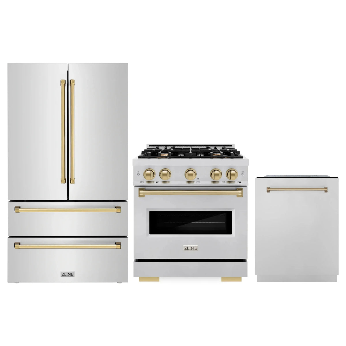 ZLINE 3-Piece Appliance Package - 30-Inch Gas Range, Refrigerator, and Dishwasher in Stainless Steel with Champagne Bronze Accents