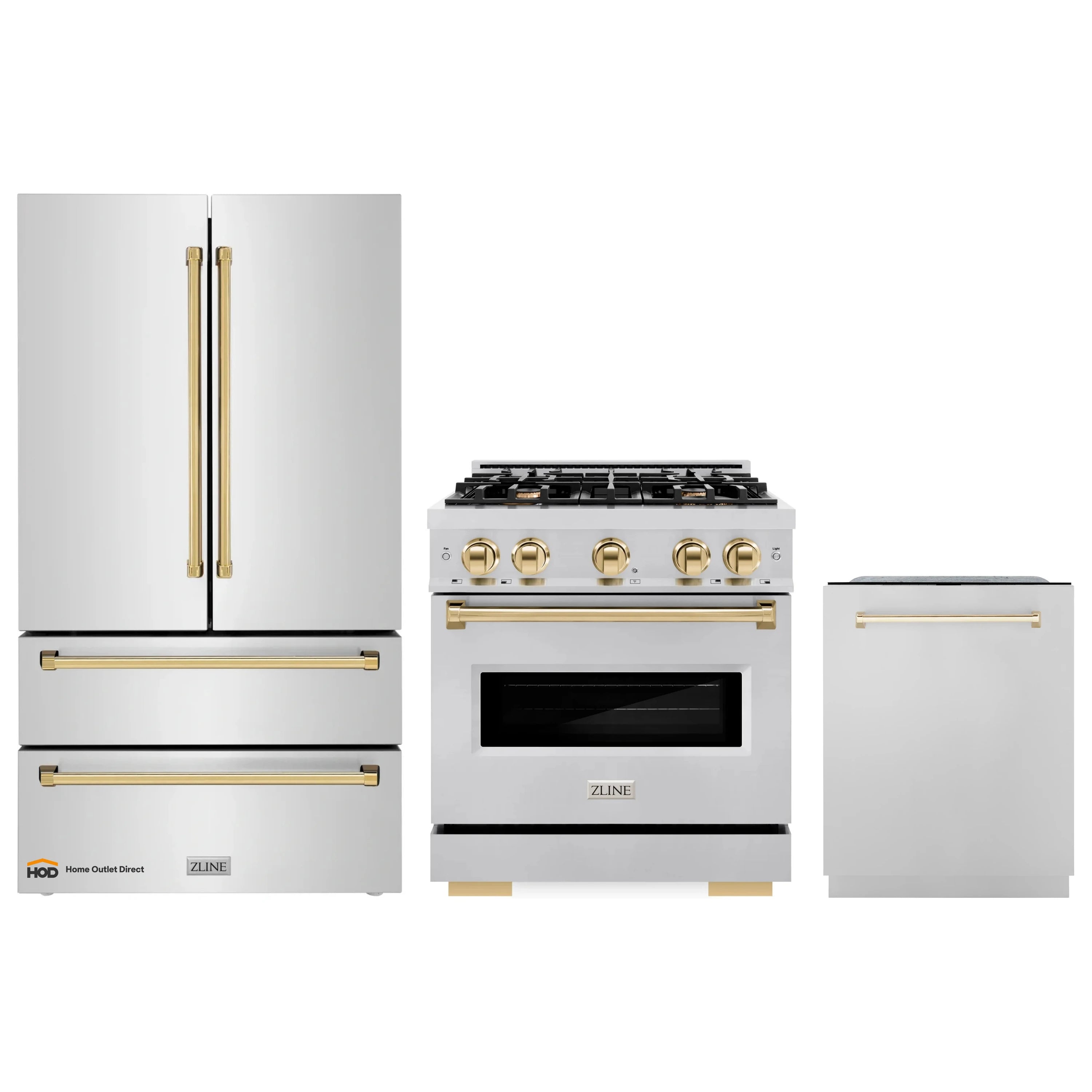 Stainless steel appliance package: refrigerator, gas range, and dishwasher with gold accents