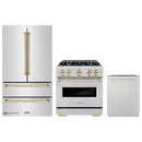 ZLINE 3-Piece Appliance Package - 30-Inch Gas Range, Refrigerator, and Dishwasher in Stainless Steel with Gold Accents