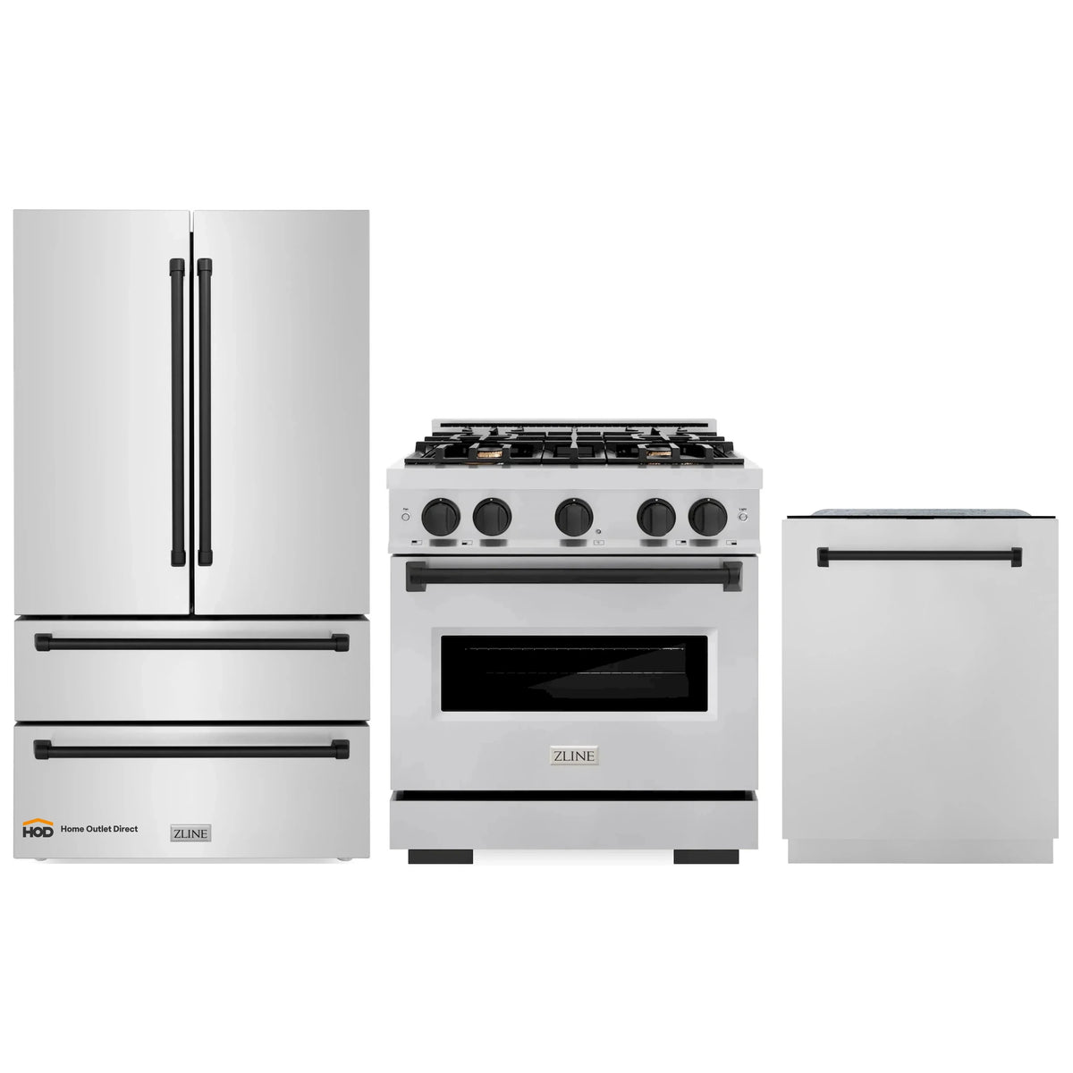 Stainless steel kitchen appliance set: gas range, dishwasher, and refrigerator with matte black trim