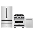 ZLINE 3-Piece Appliance Package - 30-Inch Gas Range, Refrigerator, and Dishwasher in Stainless Steel with Matte Black Accents
