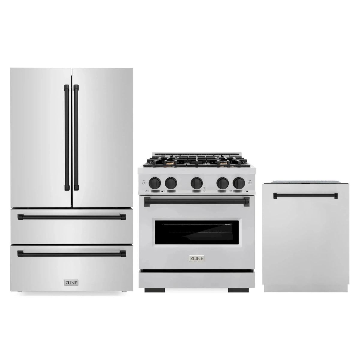 ZLINE 3-Piece Appliance Package - 30-Inch Gas Range, Refrigerator, and Dishwasher in Stainless Steel with Matte Black Accents