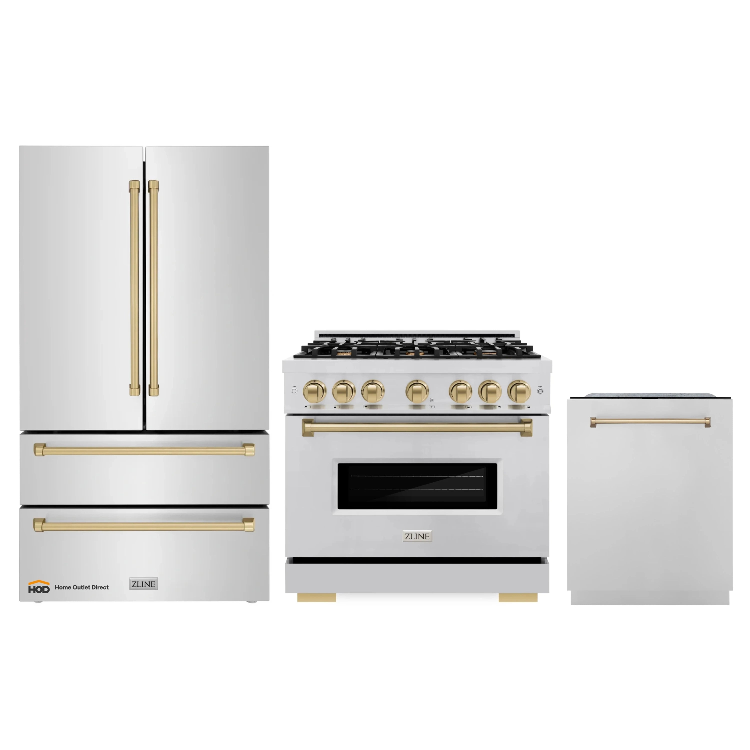 Stainless steel appliance set: refrigerator, gas range, and dishwasher with bronze trims