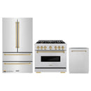 ZLINE 3-Piece Appliance Package - 36-Inch Gas Range, Refrigerator, and Dishwasher in Stainless Steel with Champagne Bronze Accents