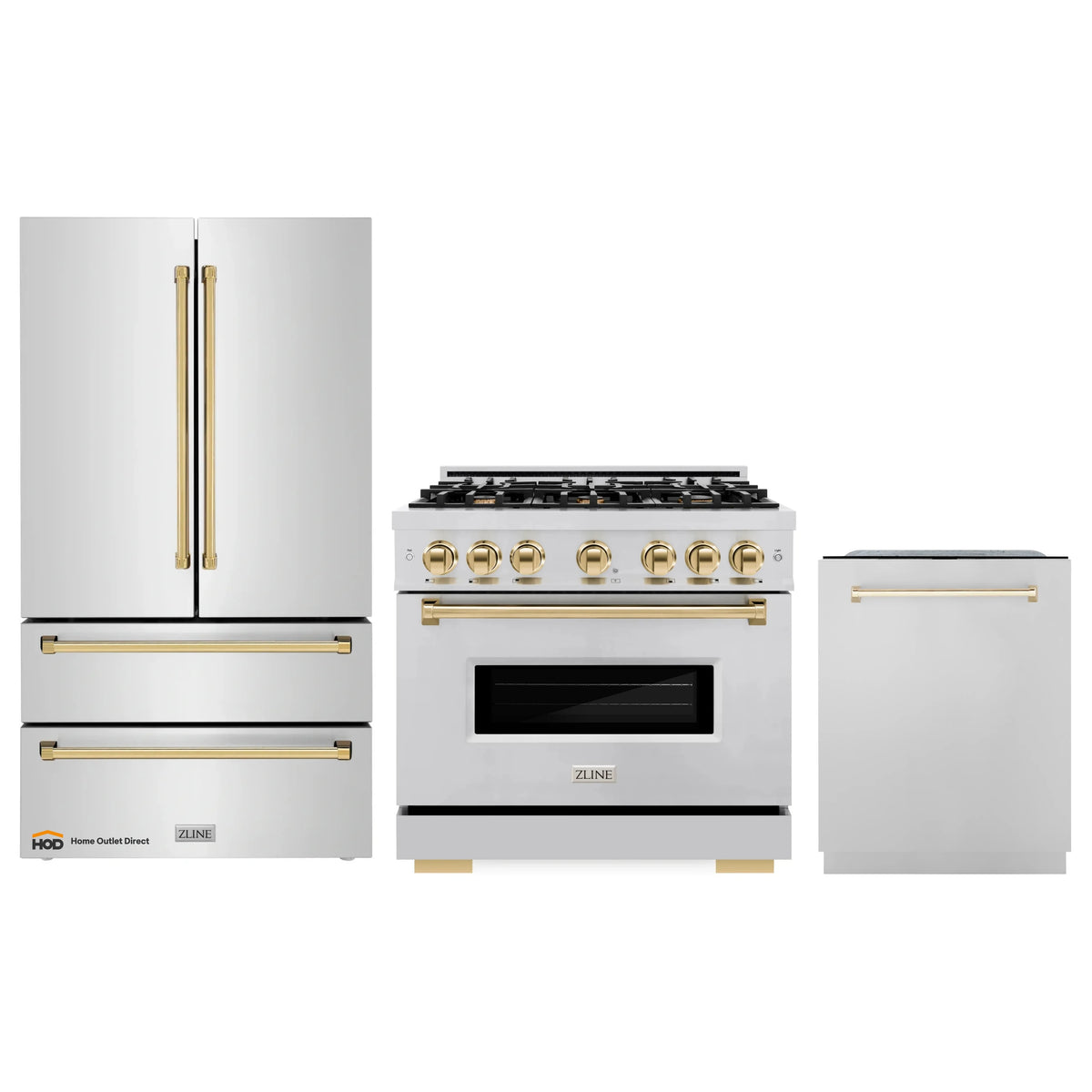 Three-piece set: stainless gas range, refrigerator, and dishwasher with gold trim