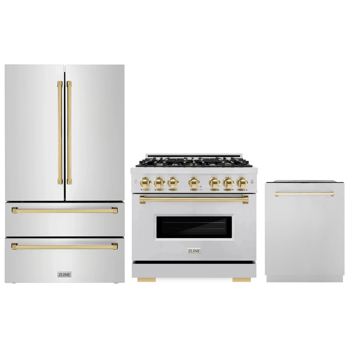 ZLINE 3-Piece Appliance Package - 36-Inch Gas Range, Refrigerator, and Dishwasher in Stainless Steel with Gold Accents