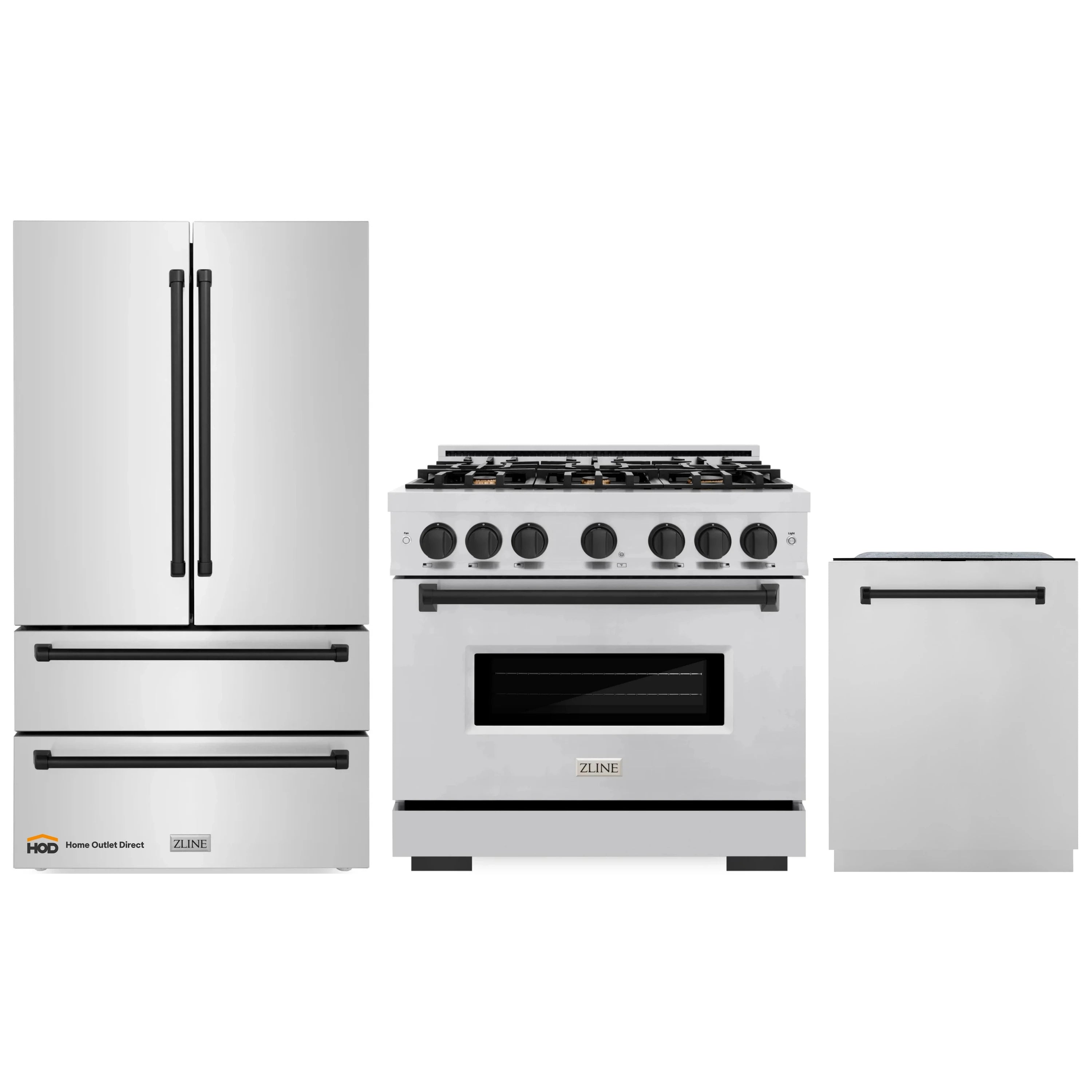 Stainless appliance package with black-accent refrigerator, gas range, and dishwasher