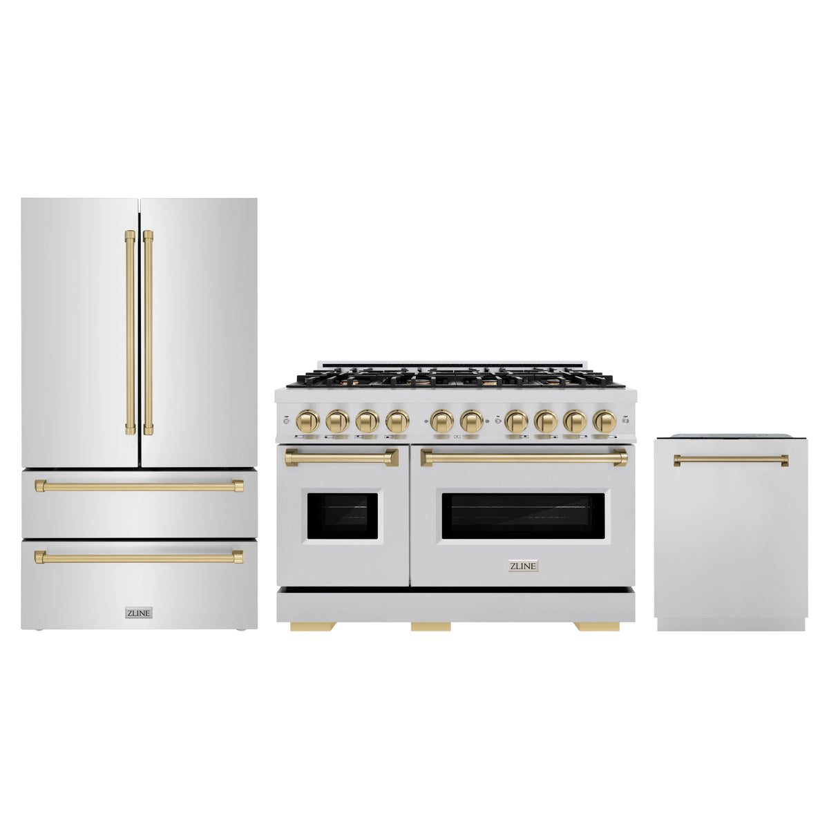 ZLINE 3-Piece Appliance Package - 48-Inch Gas Range, Refrigerator, and Dishwasher in Stainless Steel with Champagne Bronze Accents