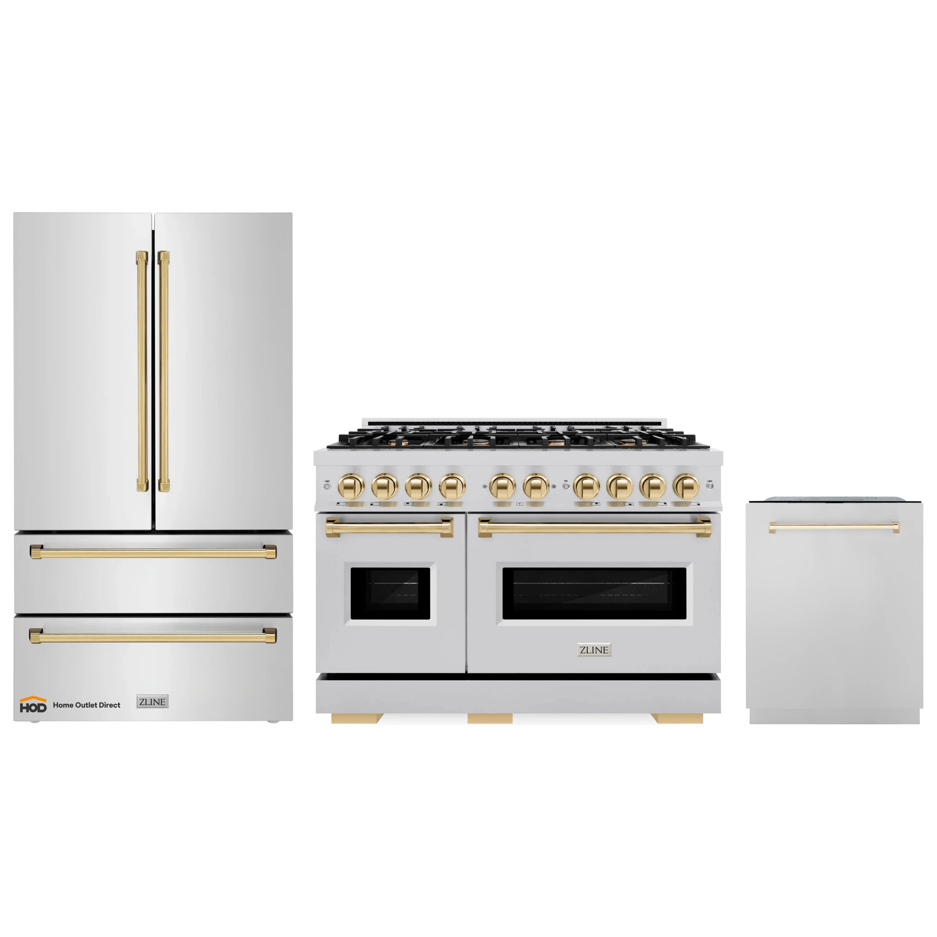 Stainless steel 3-piece appliance package with gas range, dishwasher, and refrigerator