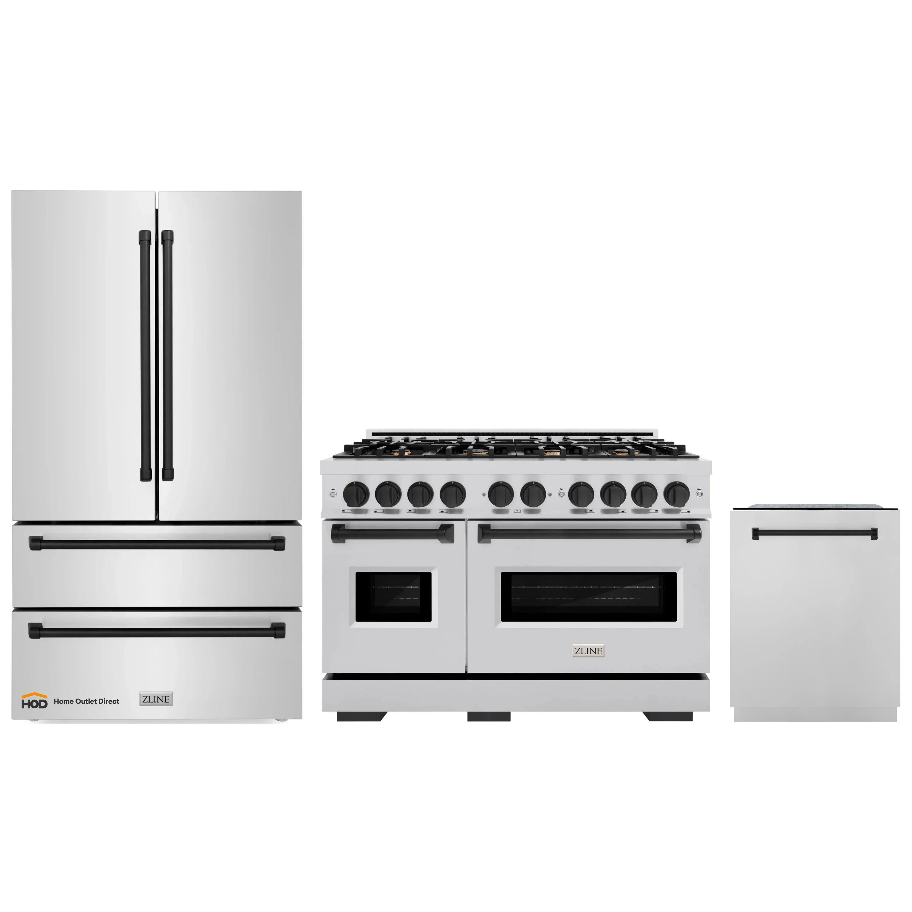 Stainless steel appliance set: refrigerator, gas range, and dishwasher with black accents