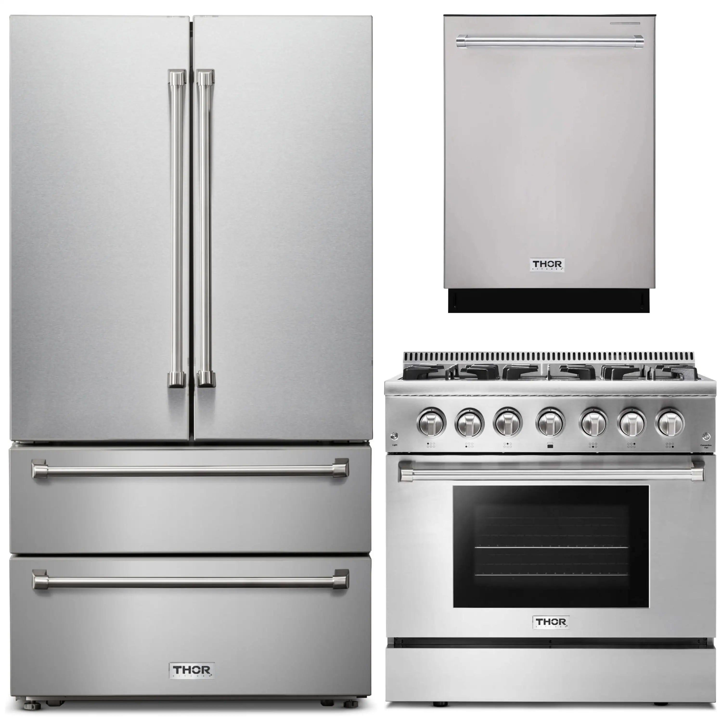 Thor 3-piece kitchen appliance package: refrigerator, dishwasher, and dual fuel range set