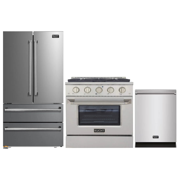 Kucht 3-Piece Appliance Package - 30-Inch Dual Fuel Range in Natural Gas, 36-Inch Refrigerator & Dishwasher in Stainless Steel