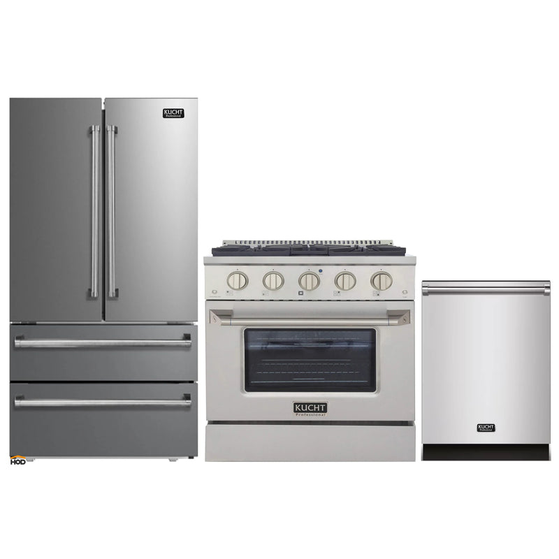 Kucht 3-Piece Appliance Package - 30-Inch Dual Fuel Range in Natural Gas, 36-Inch Refrigerator & Dishwasher in Stainless Steel