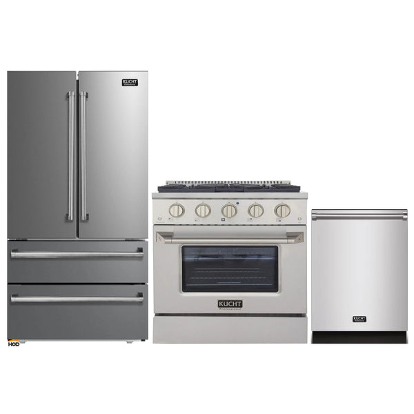 Kucht 3-Piece Appliance Package - 30-Inch Dual Fuel Range in Propane Gas, 36-Inch Refrigerator & Dishwasher in Stainless Steel