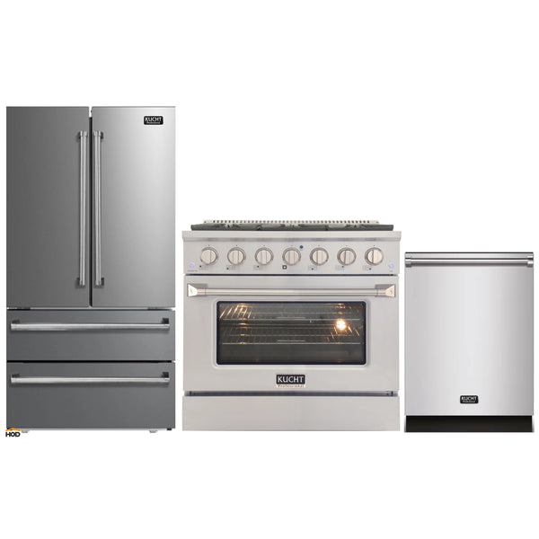 Kucht 3-Piece Appliance Package - 36-Inch Dual Fuel Range in Natural Gas, 36-Inch Refrigerator & Dishwasher in Stainless Steel