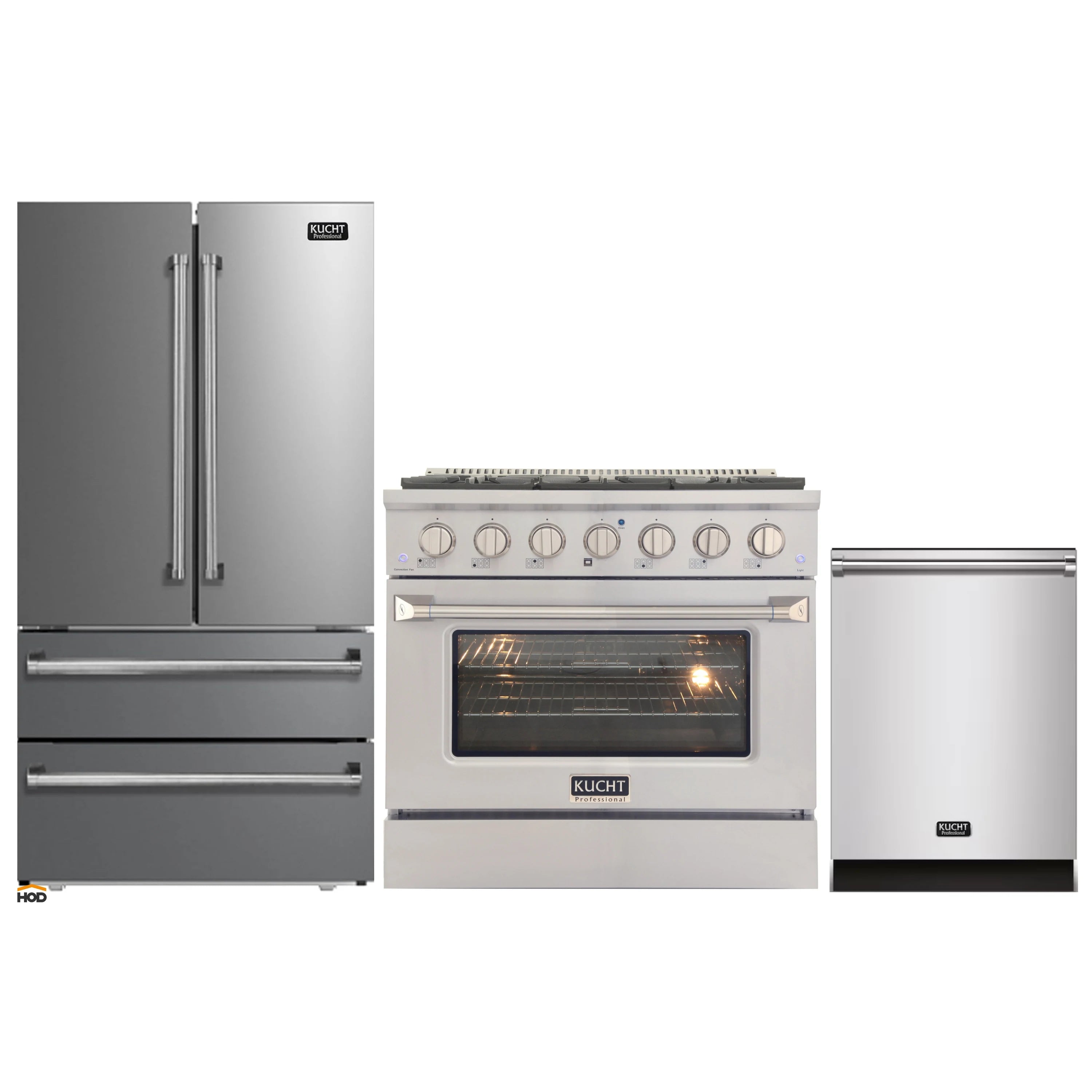 Stainless steel dual fuel range with refrigerator and dishwasher as part of appliance set